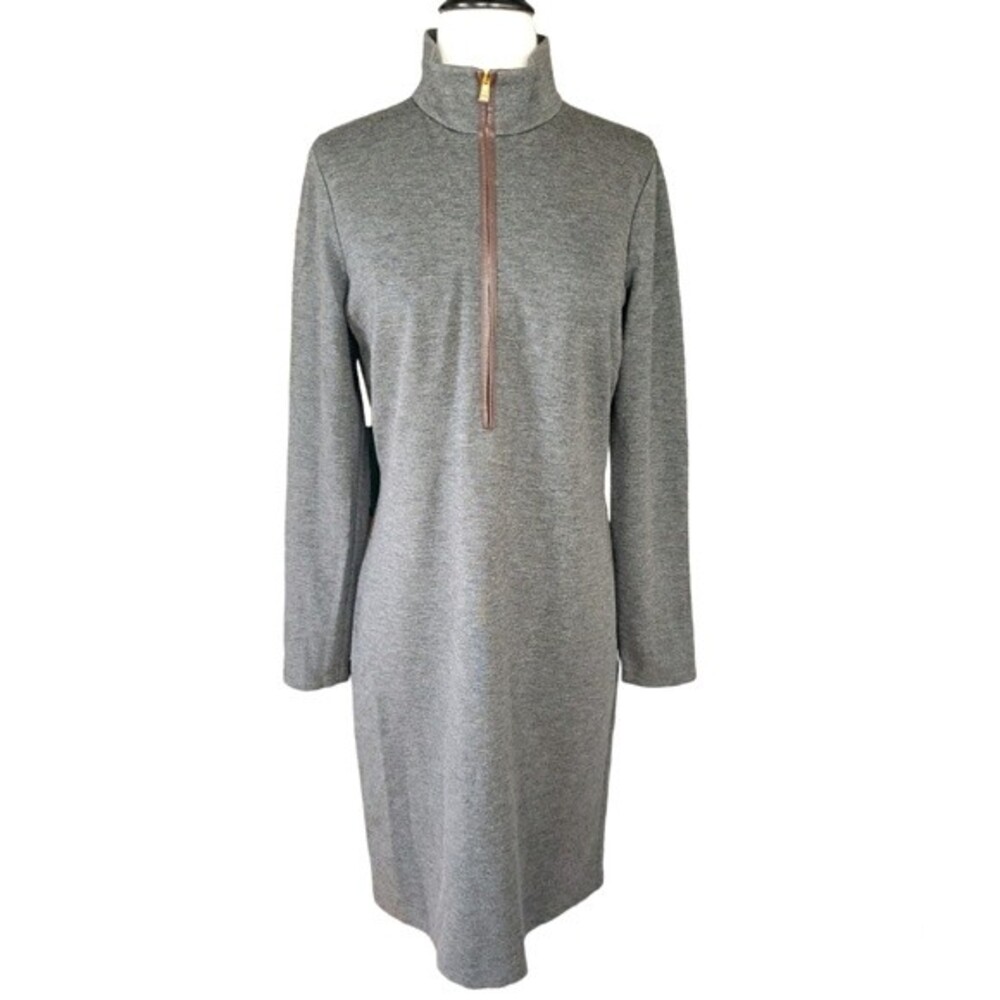 Lauren Ralph Lauren Grey Mockneck Midi Dress w/ Lambskin Leather Accents Size 10